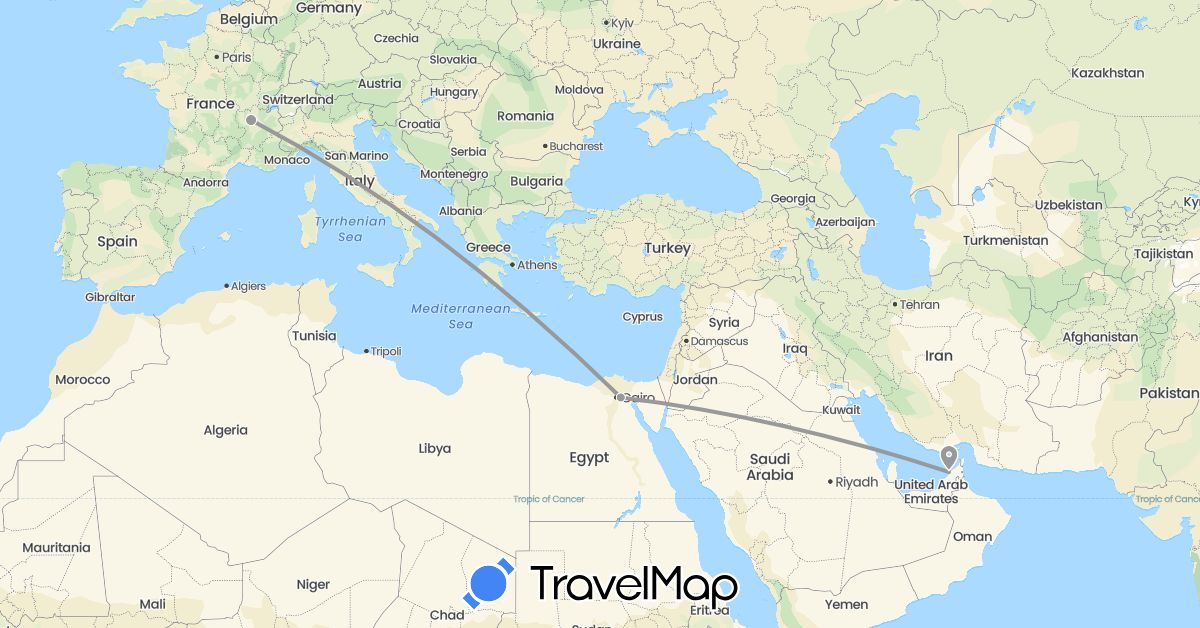 TravelMap itinerary: plane in United Arab Emirates, Egypt, France (Africa, Asia, Europe)